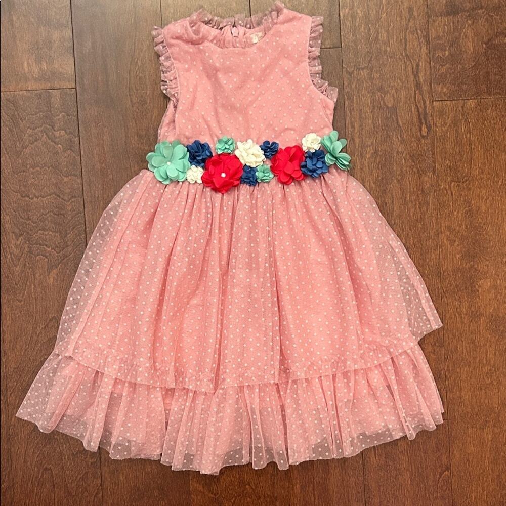 Mini Boden Pink Ruffle Swiss Dot Tulle Dress with Multicolored Flowers, Size 2/3